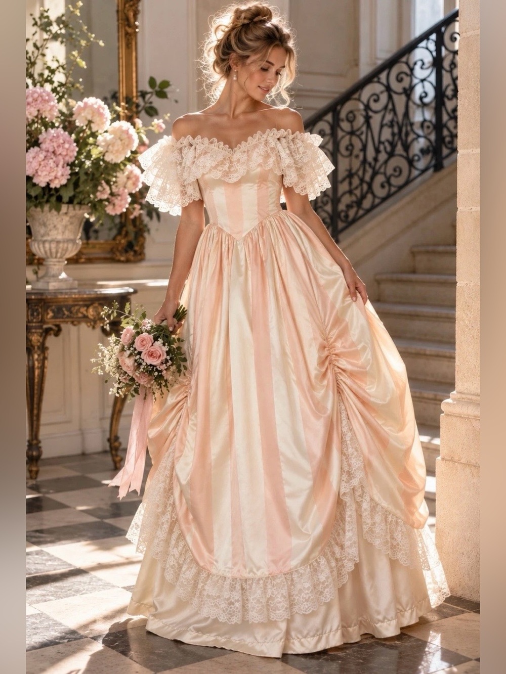 Vintage Gunne Sax Pink Striped Lace Off-Shoulder Ball Gown Cinderella Dress Sz 9